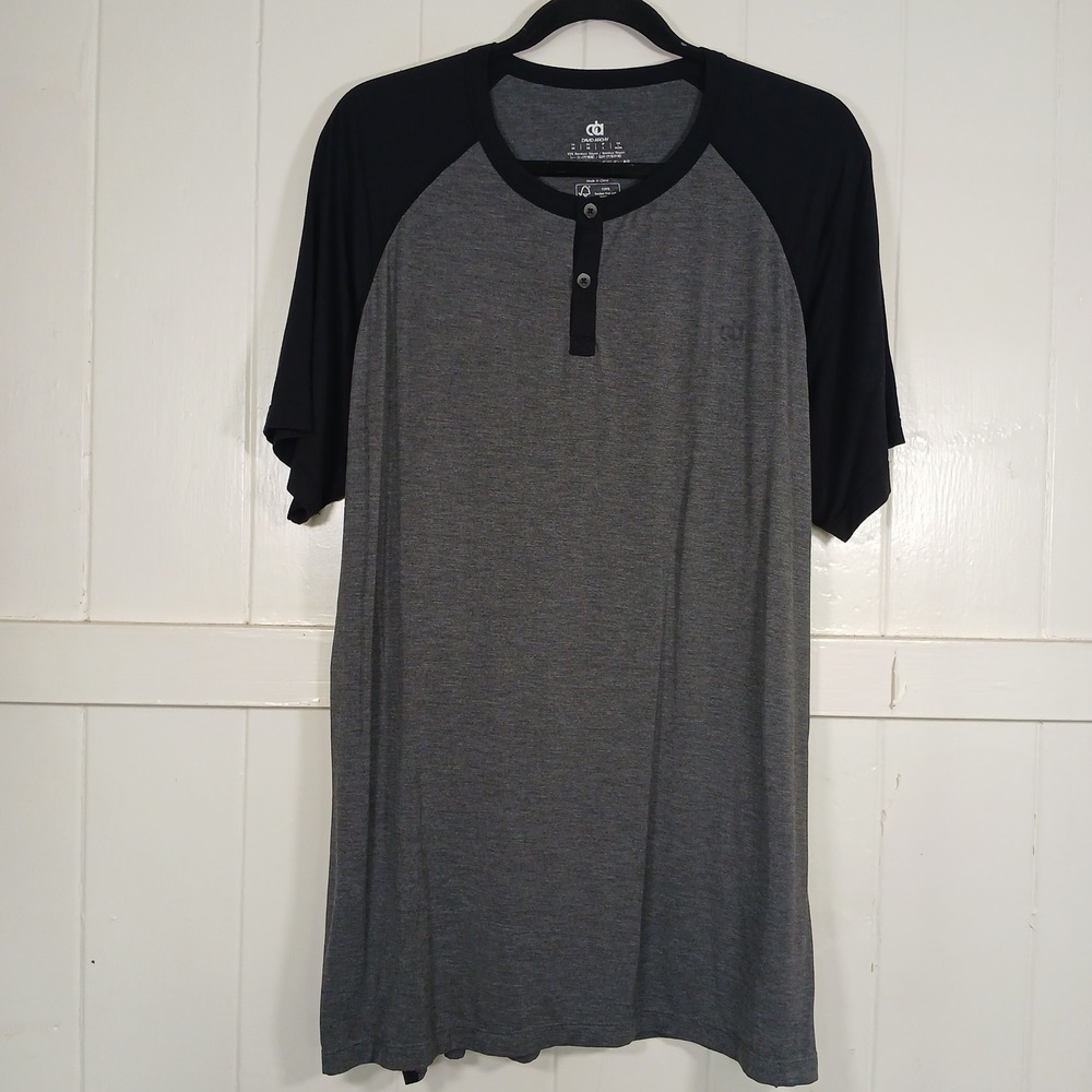 David Archy Henley Shirt Mens Medium Gray Black Bamboo Rayon Raglan Short Sleeve
